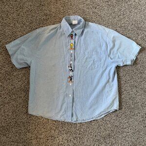 Looney Tunes Embroidered Button-Up Shirt Light Blue Short Sleeve L